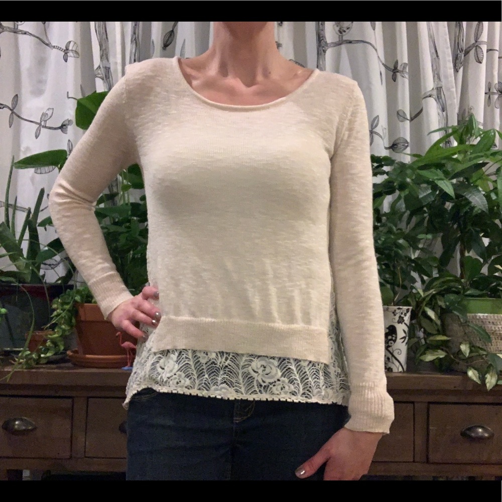 Poof! Cream Pink with Lace Detail Long Sleeve Top